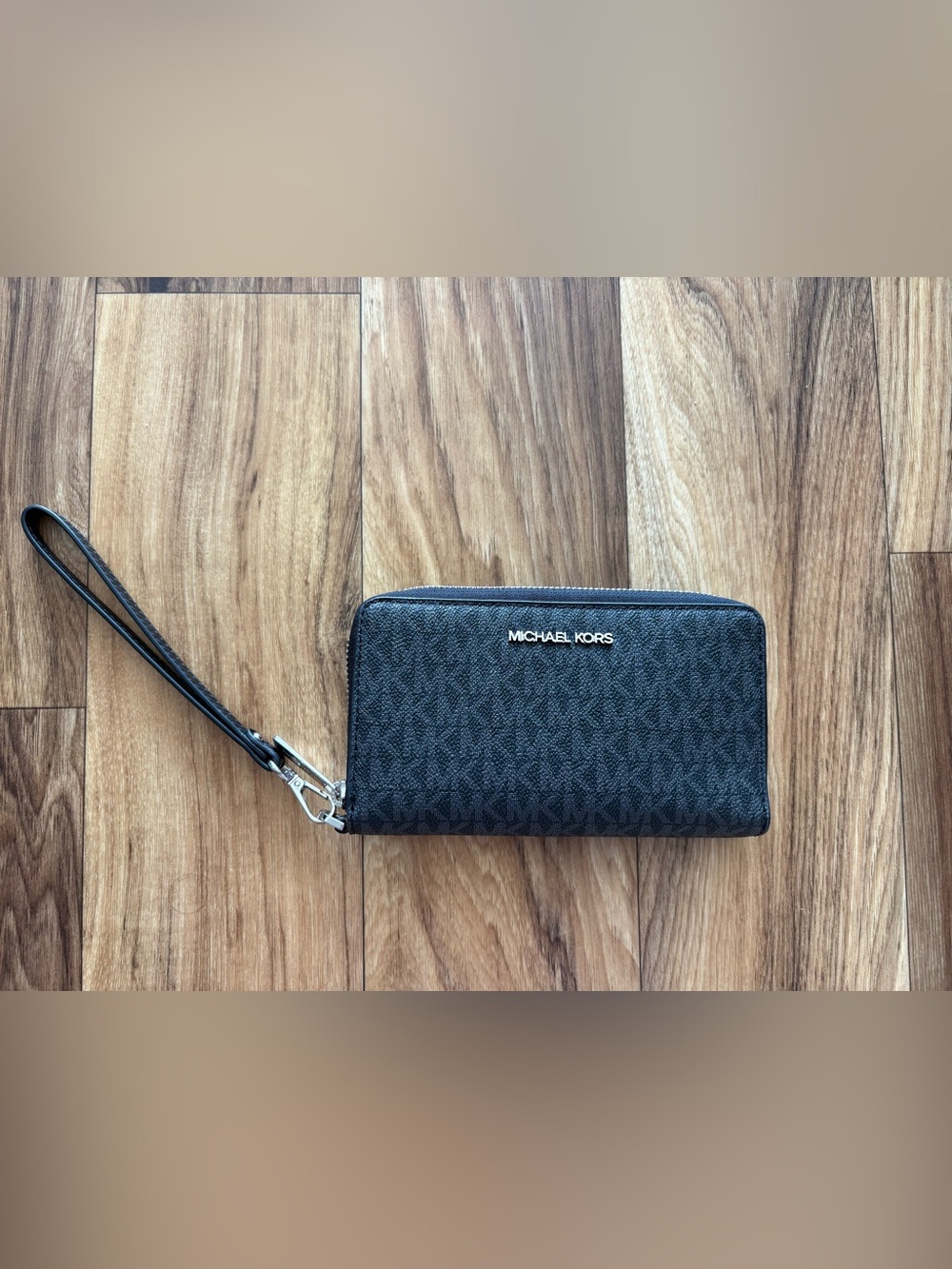 Michael Kors Black Logo-Print Zip Wristlet Wallet silver logo
